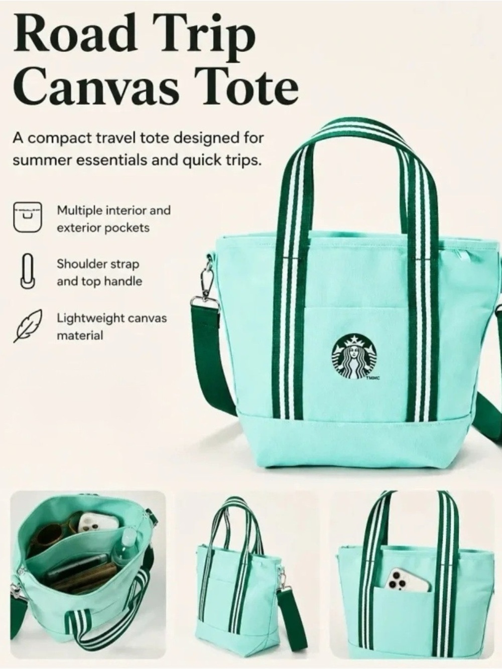 Starbucks Limited Edition Road Trip Canvas Tote Bag with Striped Handles